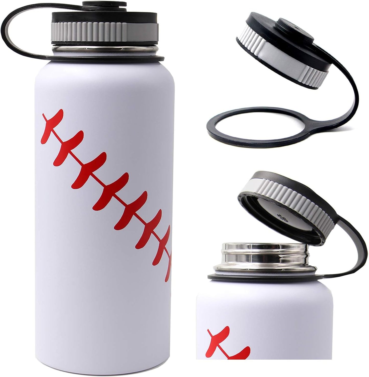 32 Oz Baseball Water Bottle, Wide Mouth Metal Sports Flask Metal Travel Tumbler with 2 Lids, Stainless Steel Double Wall Vacuum Insulated Water Bottles, Baseball Stuff Gifts for Boys Mom Coach Players