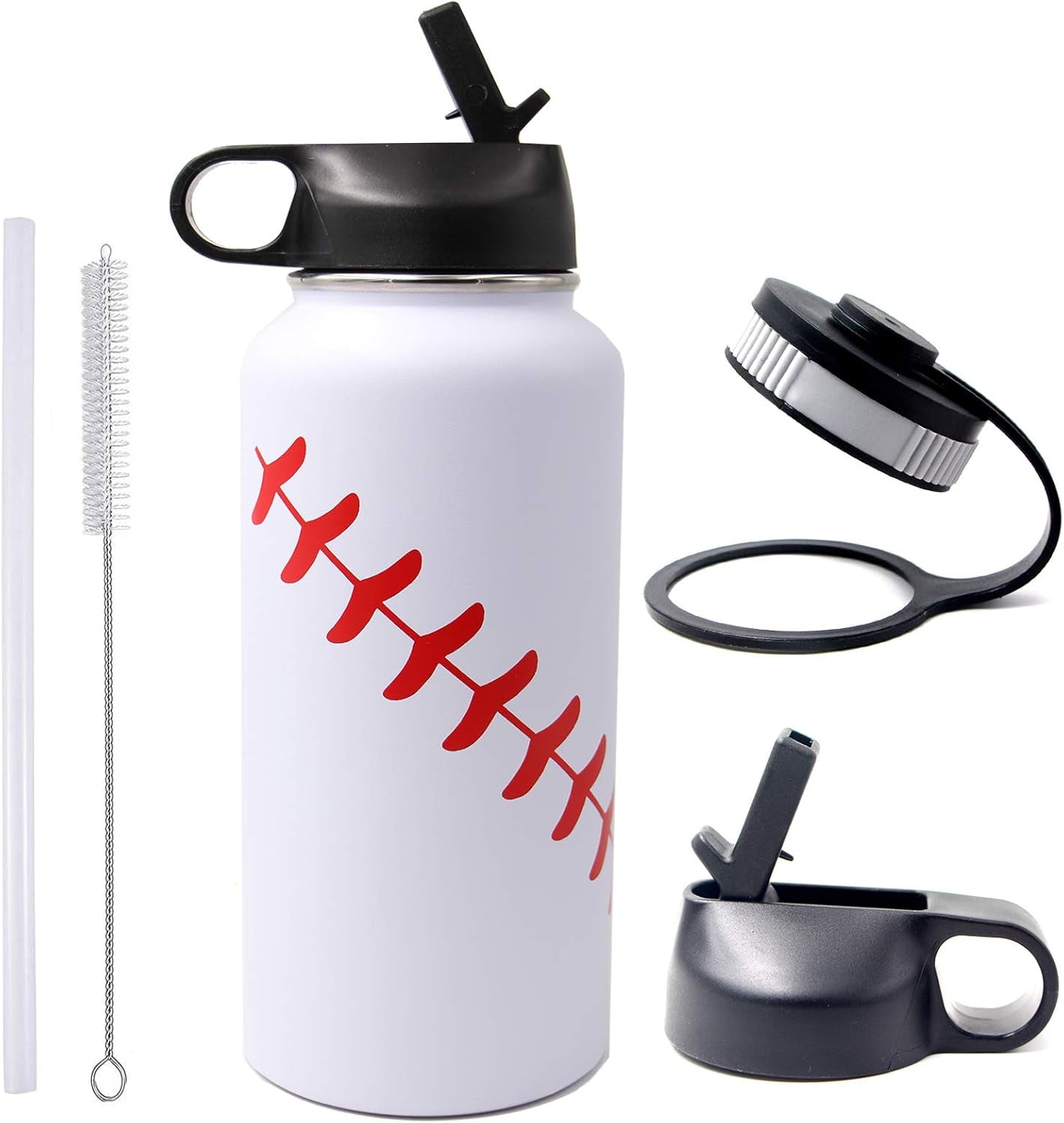 32 Oz Baseball Water Bottle, Wide Mouth Metal Sports Flask Metal Travel Tumbler with 2 Lids, Stainless Steel Double Wall Vacuum Insulated Water Bottles, Baseball Stuff Gifts for Boys Mom Coach Players