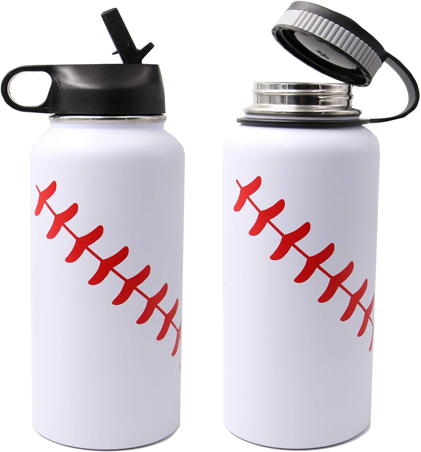 32 Oz Baseball Water Bottle, Wide Mouth Metal Sports Flask Metal Travel Tumbler with 2 Lids, Stainless Steel Double Wall Vacuum Insulated Water Bottles, Baseball Stuff Gifts for Boys Mom Coach Players