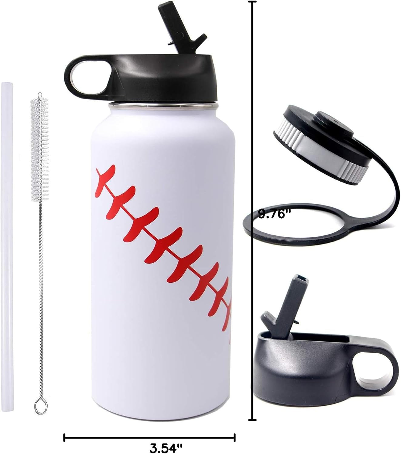 32 Oz Baseball Water Bottle, Wide Mouth Metal Sports Flask Metal Travel Tumbler with 2 Lids, Stainless Steel Double Wall Vacuum Insulated Water Bottles, Baseball Stuff Gifts for Boys Mom Coach Players