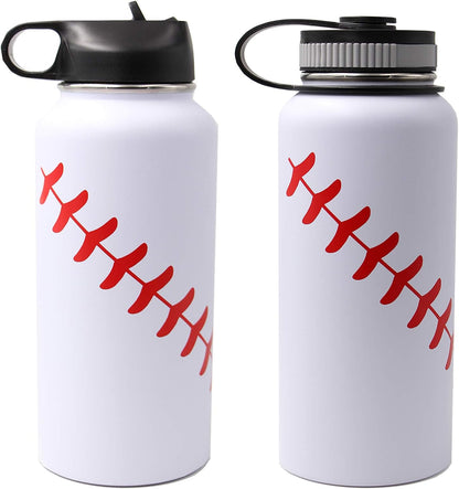 32 Oz Baseball Water Bottle, Wide Mouth Metal Sports Flask Metal Travel Tumbler with 2 Lids, Stainless Steel Double Wall Vacuum Insulated Water Bottles, Baseball Stuff Gifts for Boys Mom Coach Players