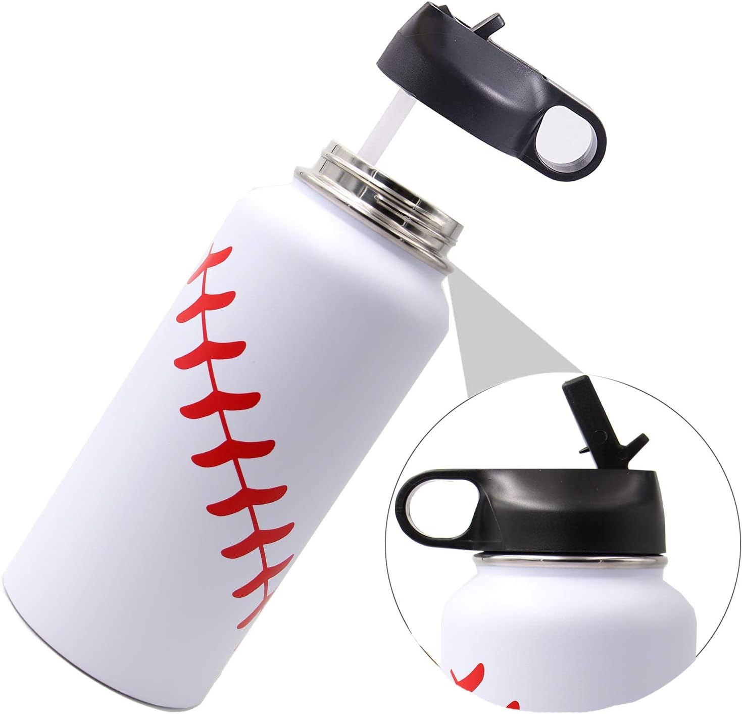 32 Oz Baseball Water Bottle, Wide Mouth Metal Sports Flask Metal Travel Tumbler with 2 Lids, Stainless Steel Double Wall Vacuum Insulated Water Bottles, Baseball Stuff Gifts for Boys Mom Coach Players