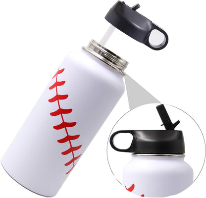 32 Oz Baseball Water Bottle, Wide Mouth Metal Sports Flask Metal Travel Tumbler with 2 Lids, Stainless Steel Double Wall Vacuum Insulated Water Bottles, Baseball Stuff Gifts for Boys Mom Coach Players